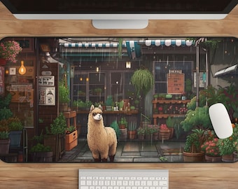 Llama & Plant Desk Mat: Kawaii Extended Mousepad for Gaming