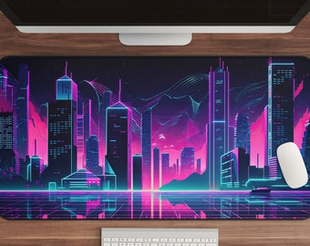Neon Cityscape Gaming Mousepad: 80s Retro Desk Mat