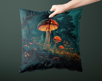 Cottagecore Forest Pillow: Faux Suede Mushroom Design, Cozy Throw