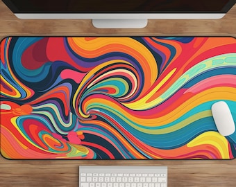Retro Wavy Desk Pad: Psychedelic Rainbow 70s Style Desk Mat