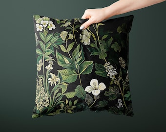 Botanical Throw Pillow | Elegant Green & Black Faux Suede Cushion for Nature-Inspired Decor, Stylish Bedroom or Living Room Accent Cushion