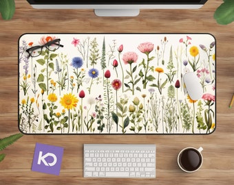 Botanical Desk Mat: Cottagecore Pressed Flower Art, Large Mouse Pad