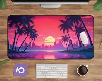 Synthwave Desk Mat: Vibrant Tropical Sunset with Palm Trees