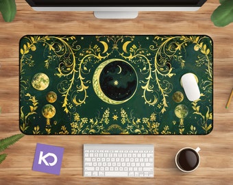 Celestial Desk Mat: Gold and Green Boho Moon Phase Design