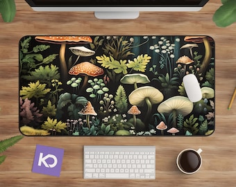 May include: A dark green and black mousepad with a colorful illustration of mushrooms and foliage. The design features a variety of mushrooms in different shapes and sizes, with some mushrooms having red, orange, and yellow caps.