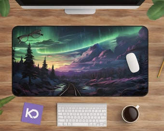 Anime Desk Mat: Lofi Kawaii Forest with Northern Lights