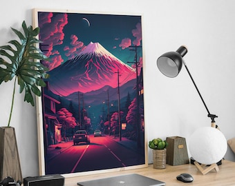 Lofi Anime Poster: Vaporwave Mount Fuji Print