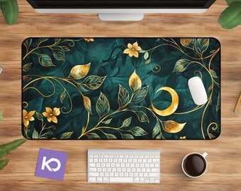 Floral Desk Mat: Green & Gold Botanical Mouse Pad