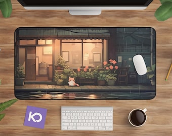 Anime Cat Desk Mat – Japanese Rainy Alley Design