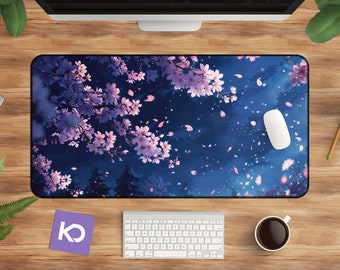 Cherry Blossom Desk Mat, XL Sakura Floral Mousepad, Anime Night Sky Gaming Pad