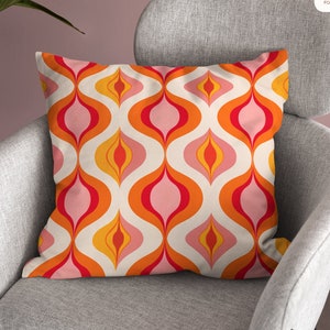 Mid Century Modern Throw Pillow: Retro Orange Flame Geometric Cushion