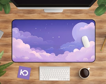 Whimsical Night Sky Desk Mat: Moon, Stars & Pastel Clouds
