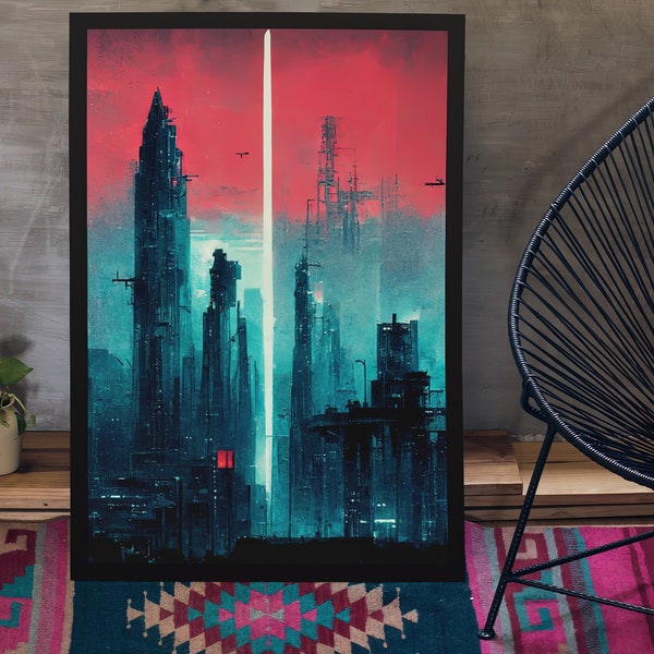 Sci Fi Neon Dystopian Wall Art Poster, Museum Quality Paper Print, Synthwave Decor