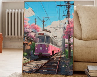 以下が含まれることがあります： 桜の花が咲く日本の街を走るピンクと白の電車。電車の先頭には「新前橋」の文字が書かれている。