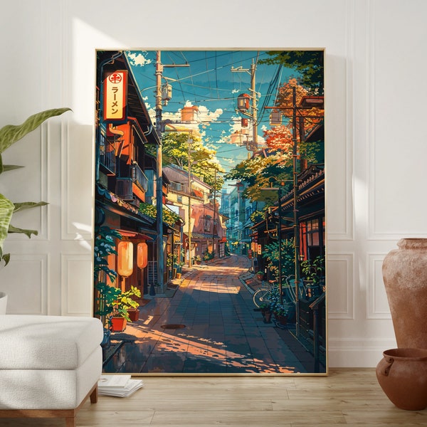 Tokyo Cityscape Poster, Manga-Style Japanese Wall Art, Anime Street Scene Print