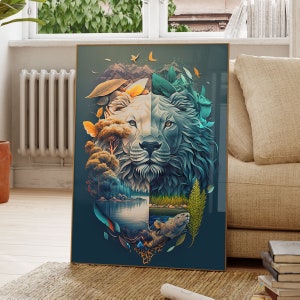 Lámina de león, elementos esenciales para dormitorio con arte boho, arte mural natural, vida salvaje en el bosque tranquilo, póster de animales boho, regalo para amantes de la naturaleza del bosque