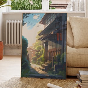 Lámina artística lo-fi con paisaje urbano inspirado en el anime: arte mural de estética japonesa para decoración de habitaciones kawaii