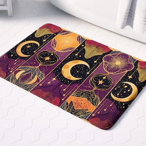 Hemelse badmat met maanstanden, mystieke sterren, kosmische bohostijl, spiritueel badkamerdecor