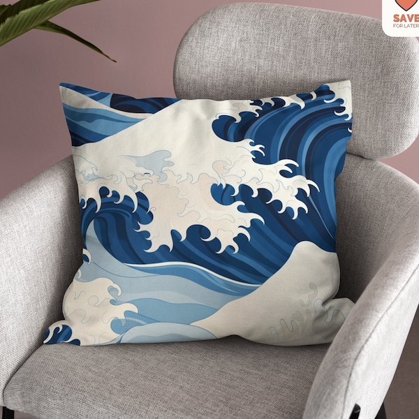 Japanese Pattern Throw Pillow, Nautical Inspired 14x14 - 20X20 Cushion for Housewarming or Living Room Decor