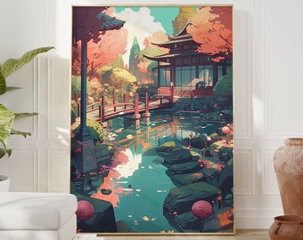 Zen Anime Poster: Japanese Garden Temple Wall Art
