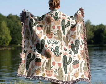 Boho Cactus Blanket - Cozy Cotton Throw with Colorful Fringe
