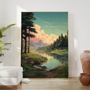 Póster de anime lo-fi con bosque y lago: arte paisajístico inspirado en la naturaleza para entusiastas del anime: impresión artística para decoración de dormitorio o sala de juegos