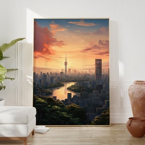 Tokyo Sunset Anime Poster: Japanese Skyline Wall Art