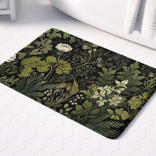 Dark Floral Bath Mat: Victorian Botanical Design (Memory Foam, Anti-Slip)