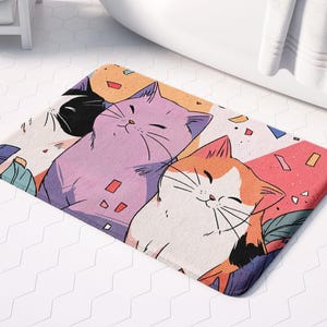Kawaii Cat Bath Mat, Colorful Cartoon Feline Design, Non Slip Plush Rug, Cute Kitty Bathroom Decor, Absorbent Pet Friendly Mat