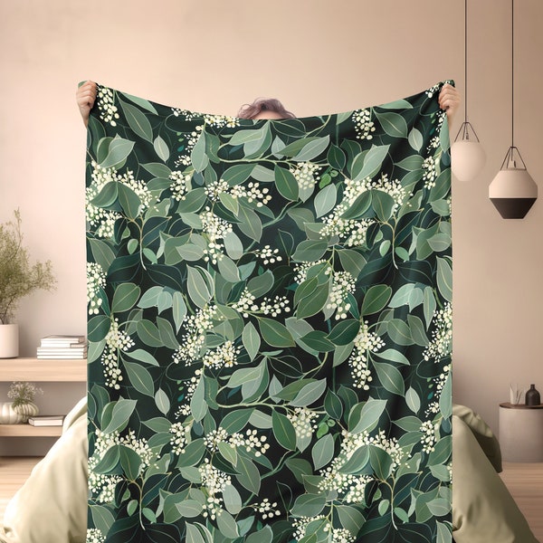 Botanical Cozy Blanket: Nature-Inspired Snuggle Throw for Her, Cottagecore Decor, Green Leaf Design, Perfect Housewarming Gift