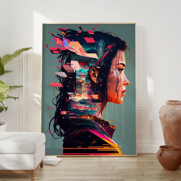 Maximalist Wall Art, Dorm Room Essentials, Cyberpunk Aesthetic, Neo Noir Woman's Face, Urban Decor, Dystopian City, Unique Room Accent