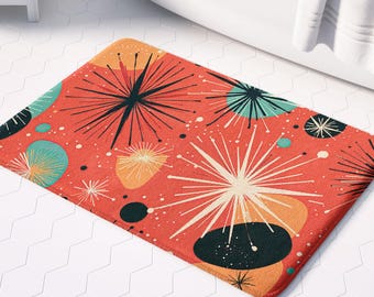 Atomic Starburst Bath Mat - Retro Geometric Coral Teal Design