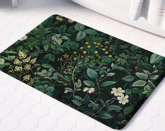 Botanical Bath Mat: Vintage Floral Leaf Print (Memory Foam, Sage Green)