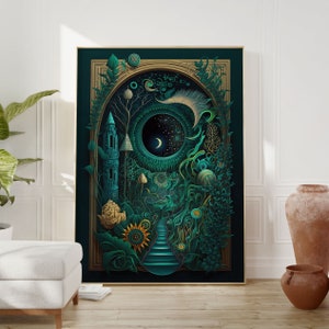 Enchanted Forest Maximalist Wall Art - Surrealism Portal and Fantasy Art of Dark Green Abstract for Bohemian Bedroom Decor