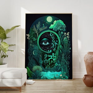 Emerald Green Maximalist Wall Art with Surreal Portal - Psychedelic and Contemporary Abstract Art for Bohemian and Modern Decor