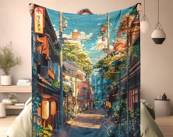 May include: A colorful illustration of a narrow street in Japan with buildings on both sides. The street is lined with trees and power lines. The sky is blue with white clouds. There is a sign in Japanese that says "Ramen".