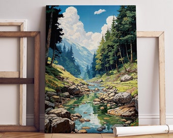 Anime Canvas Art: Colorful Lofi Nature - Forest and Mountain View