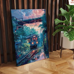 May include: A painting of a train traveling through a lush green forest with a bridge overhead. The train is blue and white with a yellow light on the front. The forest is filled with trees and foliage. The sky is a soft pink and blue.