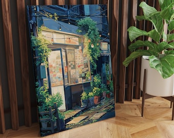 以下が含まれることがあります： 青いドアと窓のある小さな店の絵。店は緑豊かな植物とつる植物に囲まれています。ドアの上に電球がぶら下がっています。