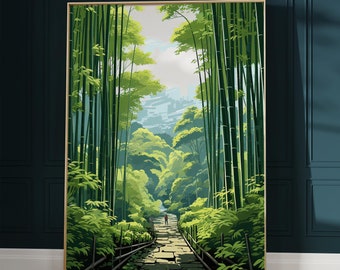 以下が含まれることがあります： 緑豊かな竹林の中を進む道の絵。道は石畳で、遠くの空き地へと続いている。森は濃く、竹の茎は高く細長い。