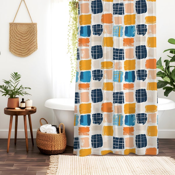 Funky Checkered Shower Curtain, Retro & Boho Bathroom Accessory, Ideal for Preppy Apartment Decor, Mid Century Charm