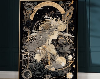 Celestial Woman Art Nouveau Poster: Dark Academia Wall Decor