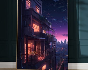 Anime Cityscape Poster: Lofi Japanese Balcony Art Print