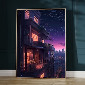 Anime Cityscape Poster, Lofi Aesthetic Wall Art, Kawaii Japanese House Decor, Urban Balcony Print, Violet Lighting, 18x24 Subtle Anime Merch