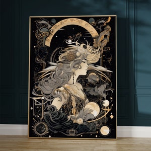 Celestial Wall Decor, Witchy Art Nouveau Poster, Dark Academia, Mystisch, Wunderlich, Göttlich Weiblich, Magisches Mädchen, Mythologie, Dunkle Ästhetik