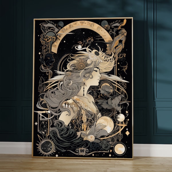 Celestial Woman Art Nouveau Poster: Dark Academia Wall Decor