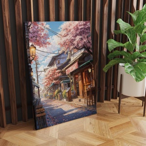 Sakura Cherry Blossom Canvas Art | Japanese Anime Cityscape, Relaxing Urban Wall Decor, Perfect Gift for Anime and Art Lovers
