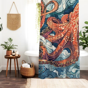 Octopus Shower Curtain, Nautical Ocean Art for Beach House Decor, Bathroom Curtain with Kraken Design