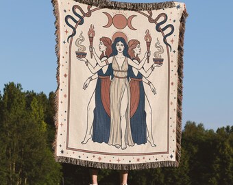 Triple Moon Woven Blanket, Goddess Tarot Art Nouveau, Witchy Home Decor, Gift for Her