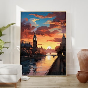 Lofi-animeposter: subtiele anime-merchandise met een zonsondergang boven de Theems en de Big Ben, perfecte London Wall Art voor Lofi- en anime-fans